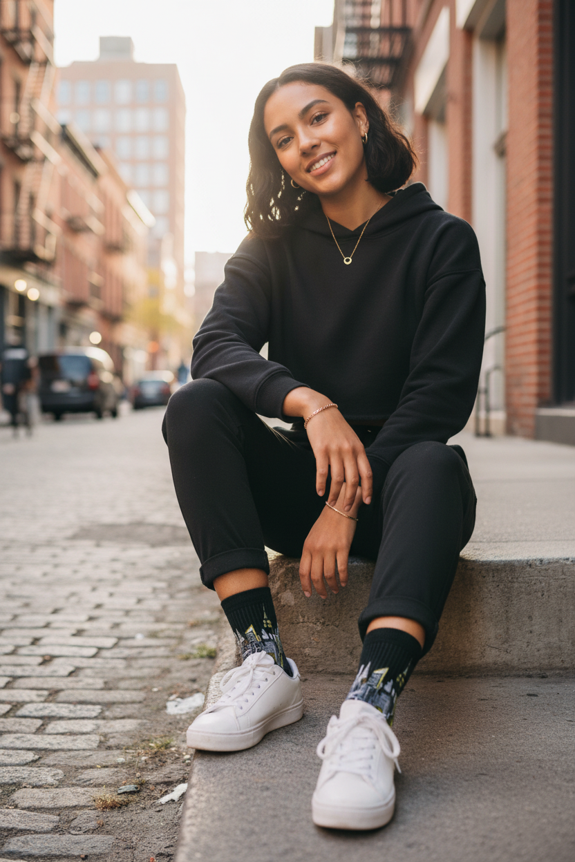 Women wearing black Loria NYC Art socks sitting on a curb in an urban setting.