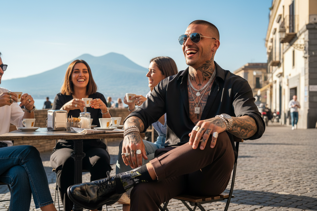 Man wearing Loria NYC Art socks with tattoos sitting outdoors in a sunny street, smiling.