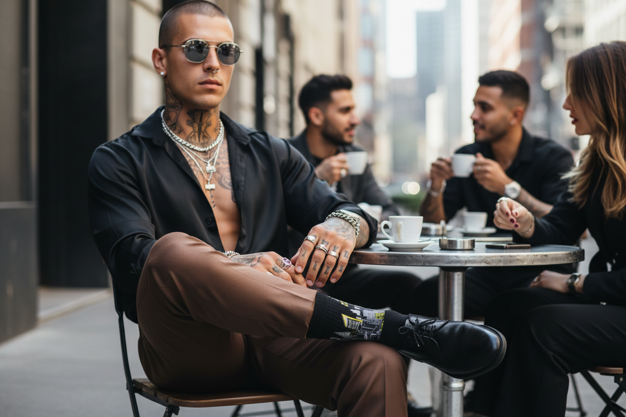 Man wearing Loria NYC Art socks sitting at an outdoor cafe table with tattoos and jewelry, surrounded by other people.