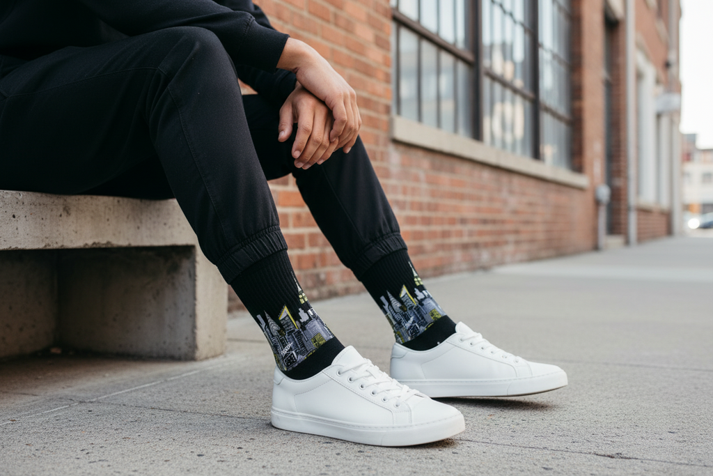 Person wearing black Loria NYC Art socks with floral patterns and white sneakers on a city street.