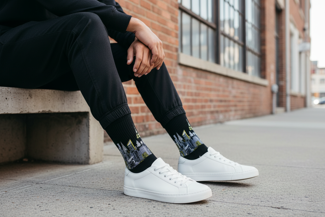 Person wearing black Loria NYC Art socks with floral patterns and white sneakers on a city street.