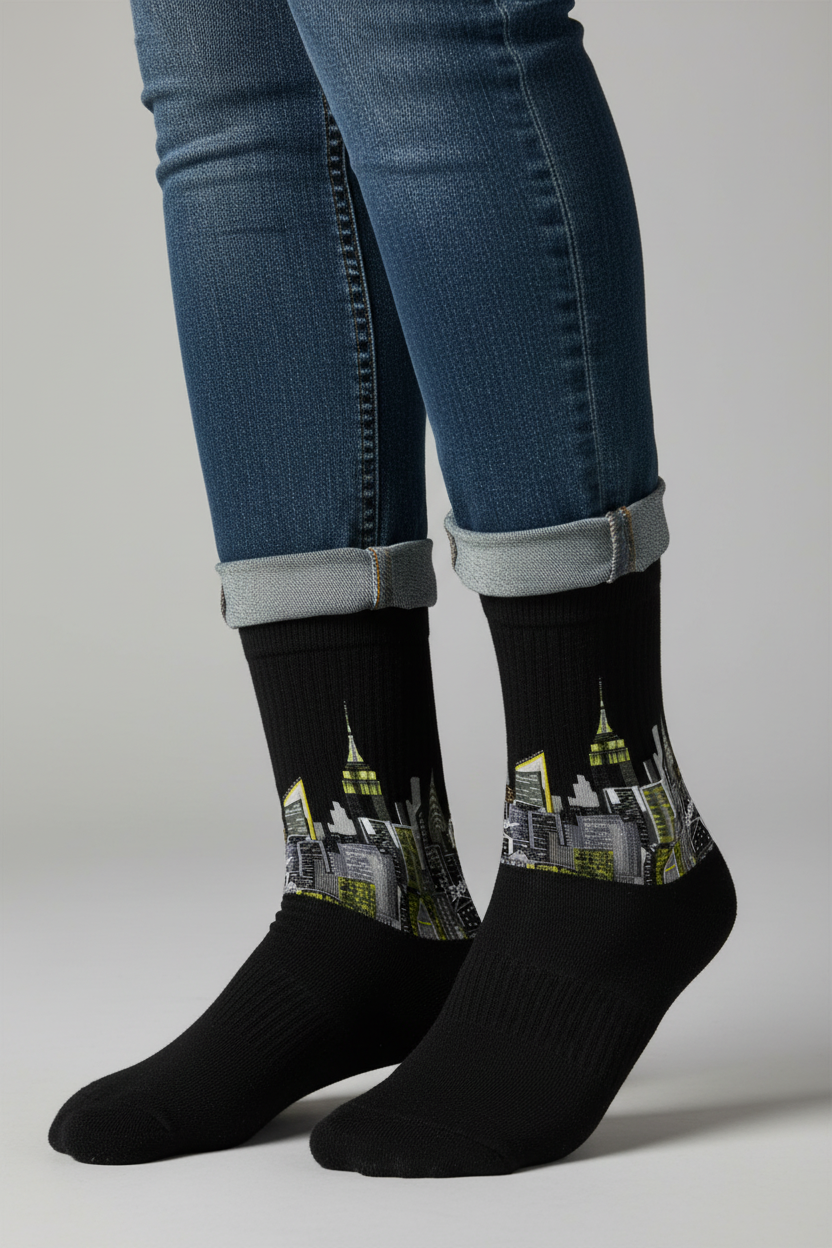Black socks with cityscape Loria NYC Art design worn with blue jeans on a gray background