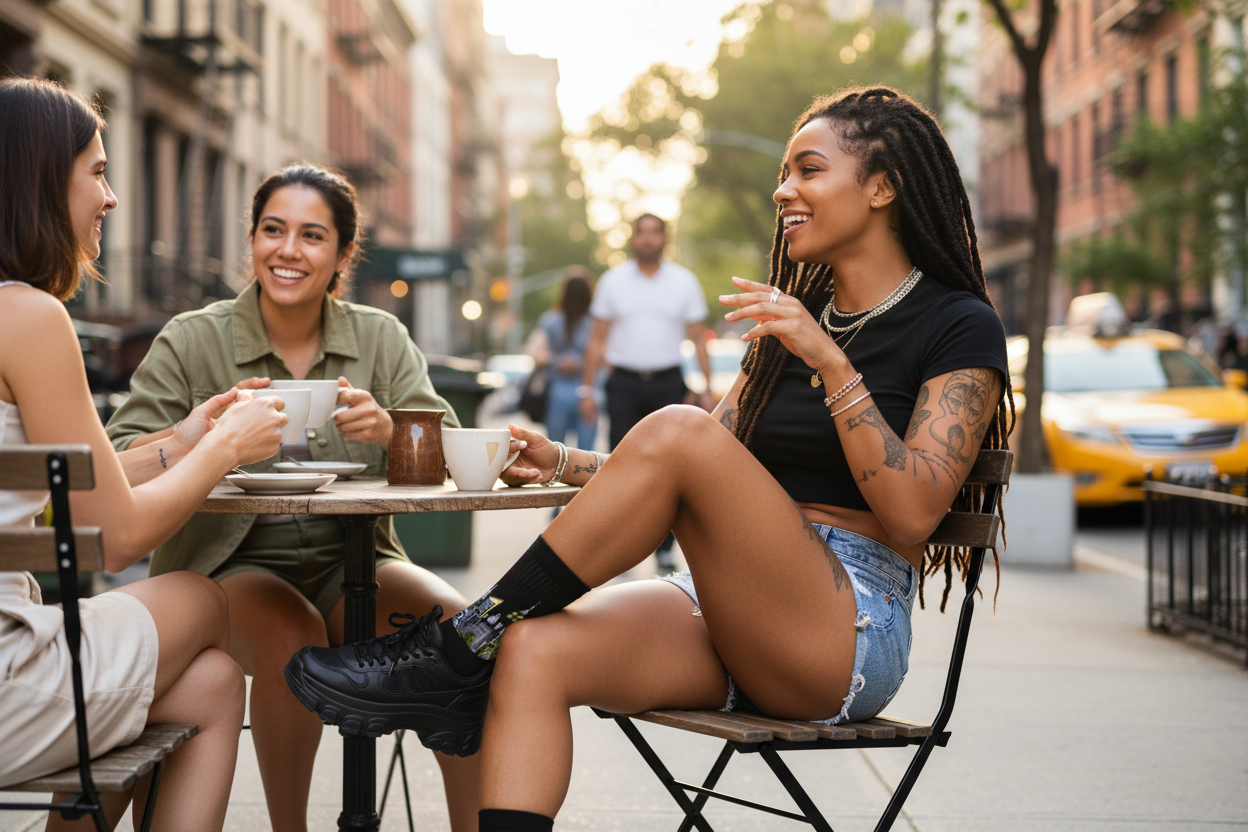 Girl wearing black Loria NYC Art socks sitting at an outdoor cafe table in an urban setting, enjoying drinks and conversation.