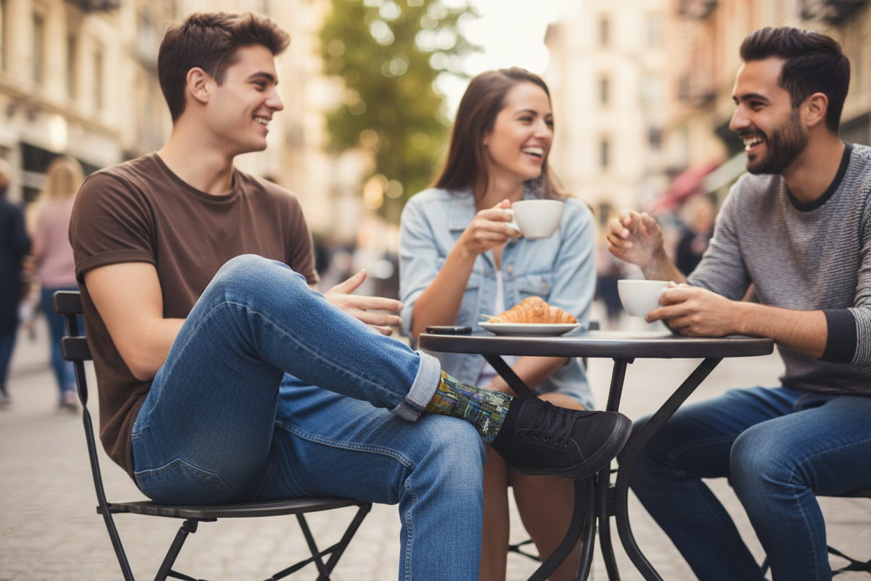 Man wearing Loria NYC Art socks sitting at a table outdoors, enjoying coffee and pastries in an urban setting.