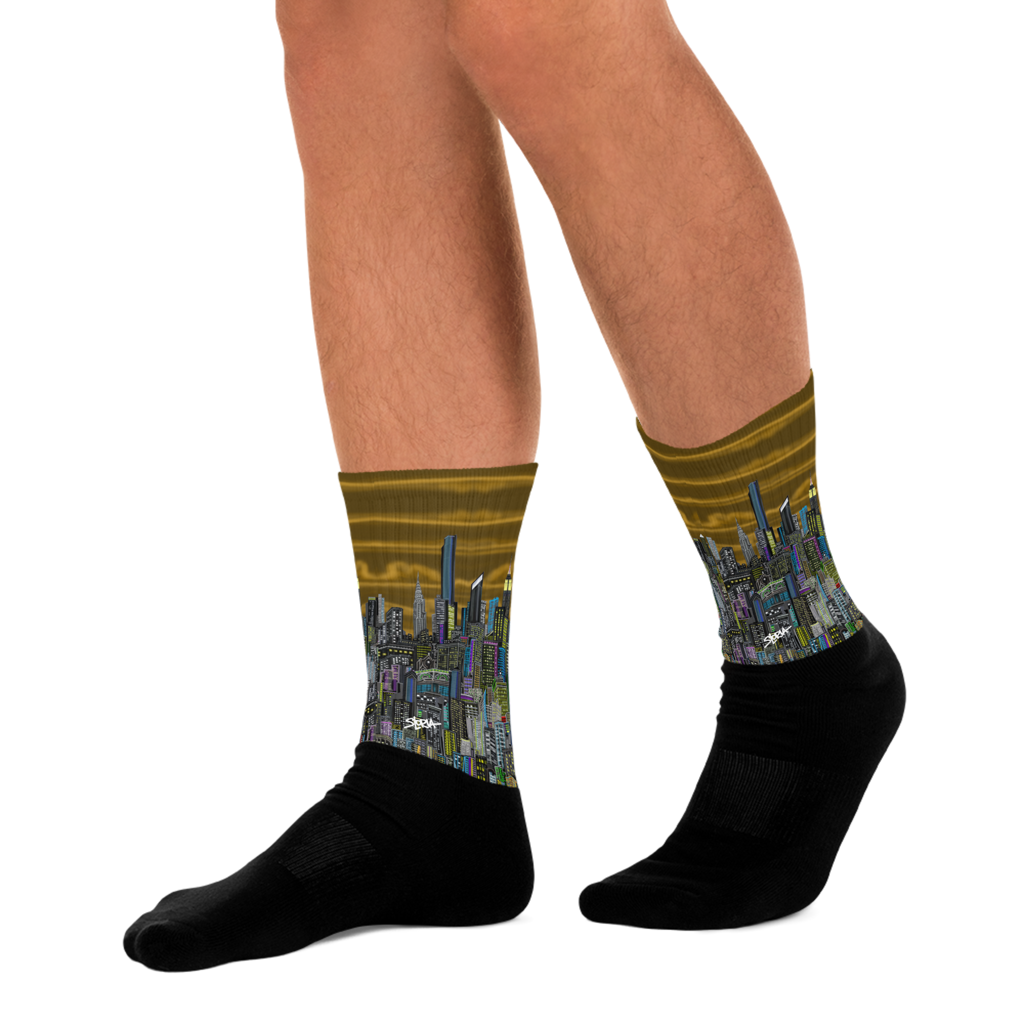 Cityscape Loria NYC Art socks worn by a person on a white background