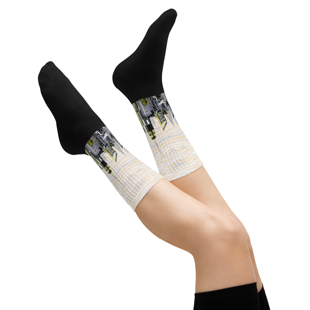 Beige Loria NYC Art socks with circuit board design on a white background