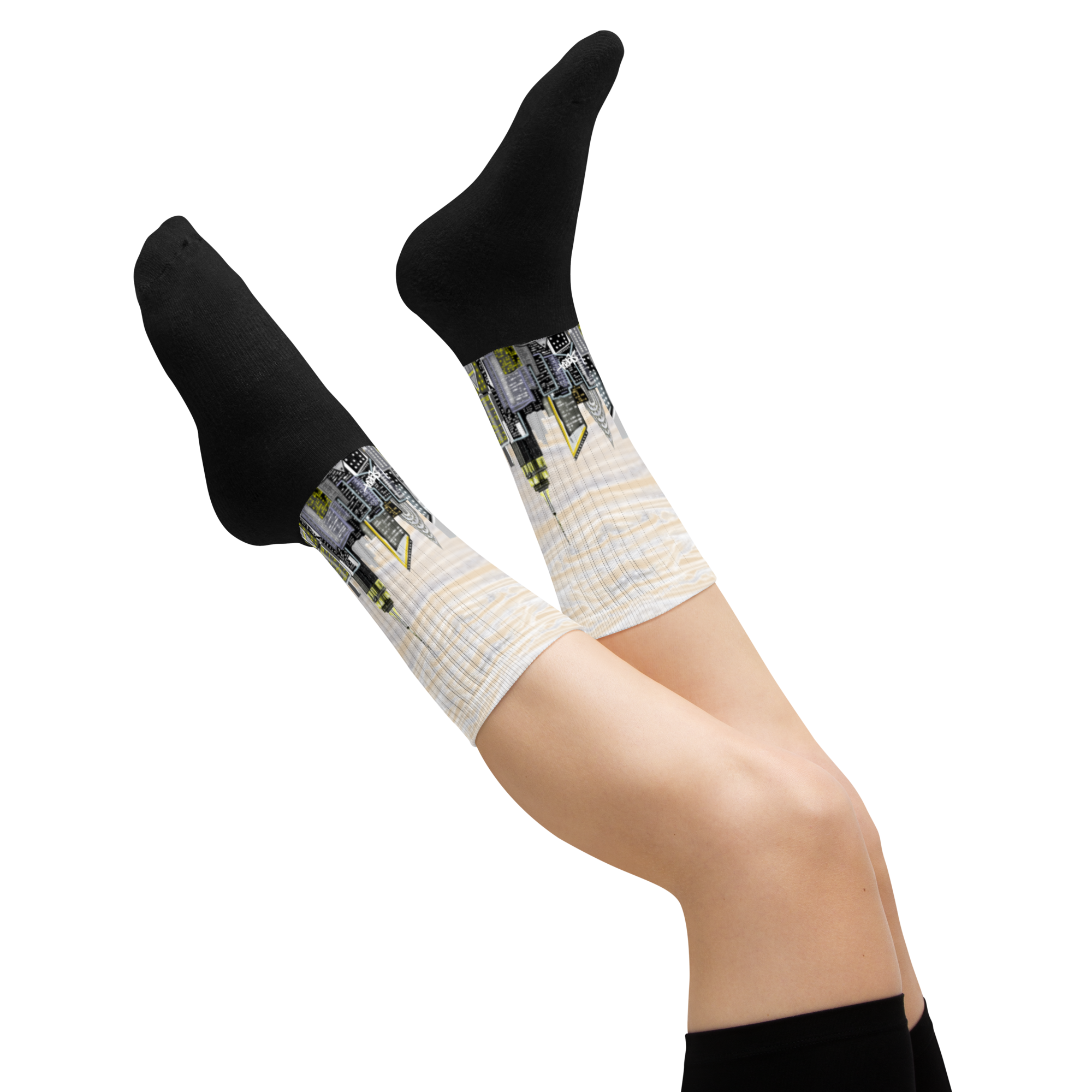 Beige Loria NYC Art socks with circuit board design on a white background