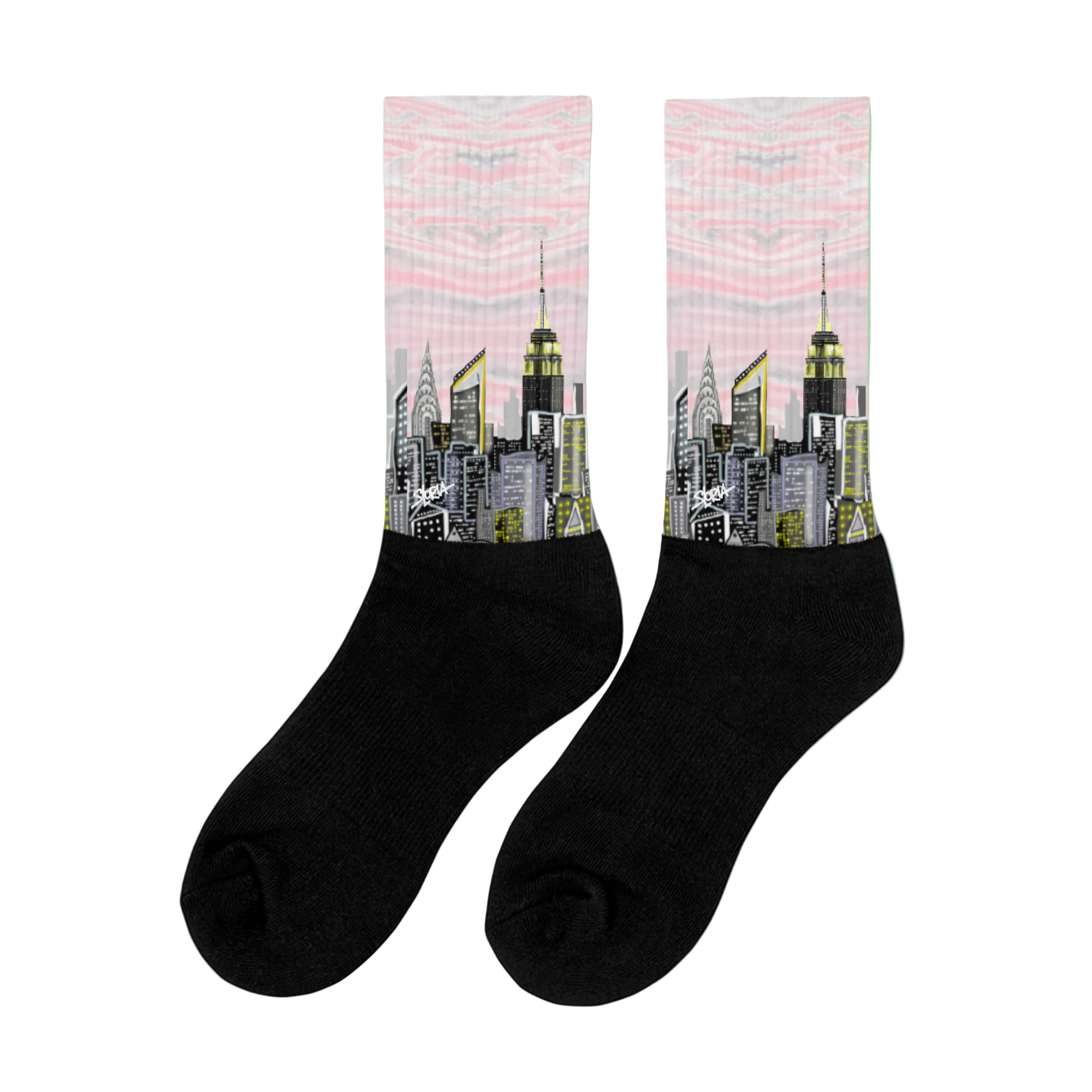 Loria NYC Art socks with cityscape design on a light green background