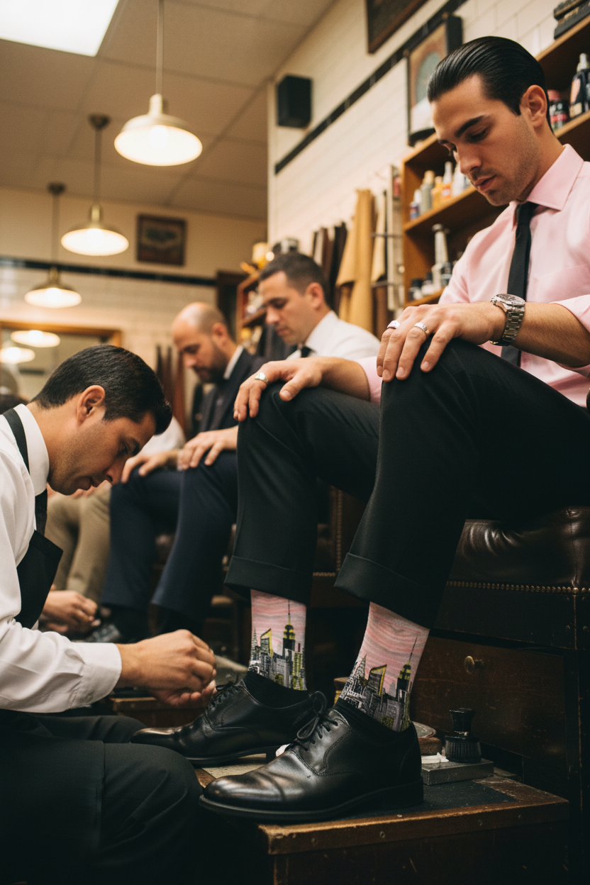 A man in a pink Loria NYC Art shirt and black tie sits in a leather chair inside a vintage-style barbershop or shoe shine shop, having his black dress shoes polished while wearing patterned pink and black socks.