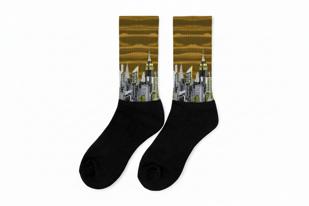 Brown and Black Loria NYC Art socks with city  branding on a white background