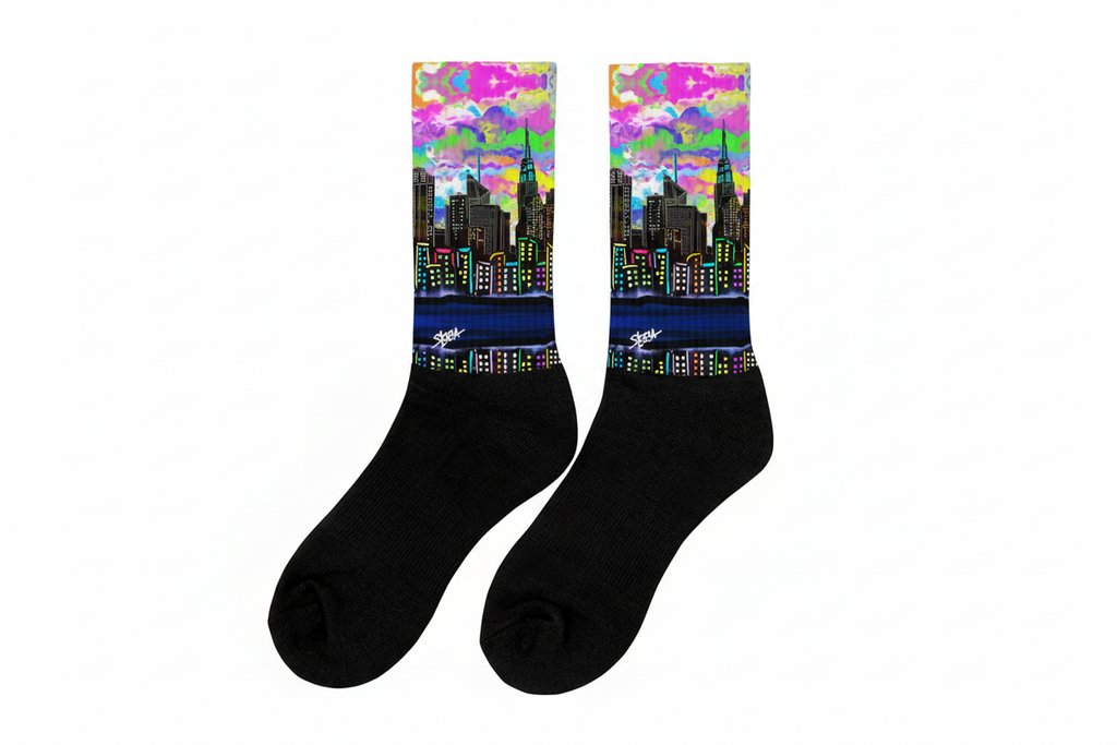 Black socks with colorful cityscape Loria NYC Art design on a white background