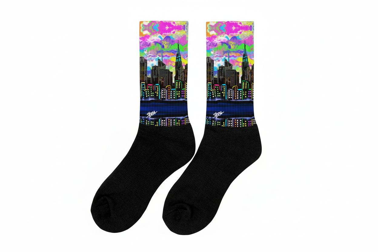 Black socks with colorful cityscape Loria NYC Art design on a white background