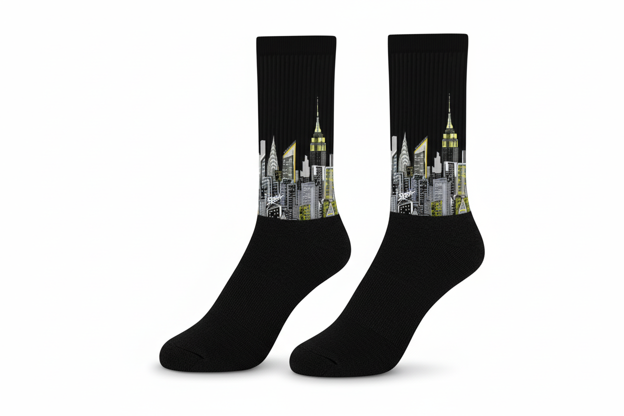 Black Loria NYC Art socks with cityscape design on a light green background