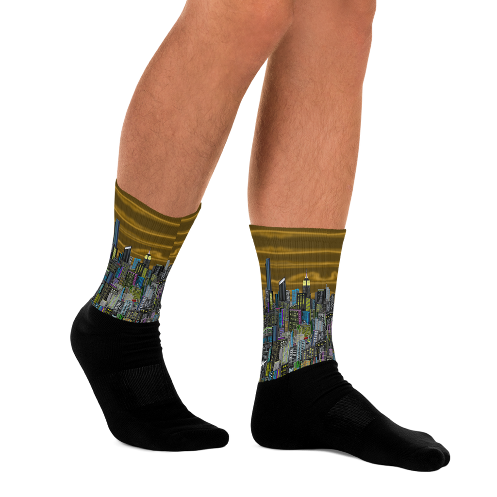 Black socks with colorful cityscape Loria NYC Art design on a white background