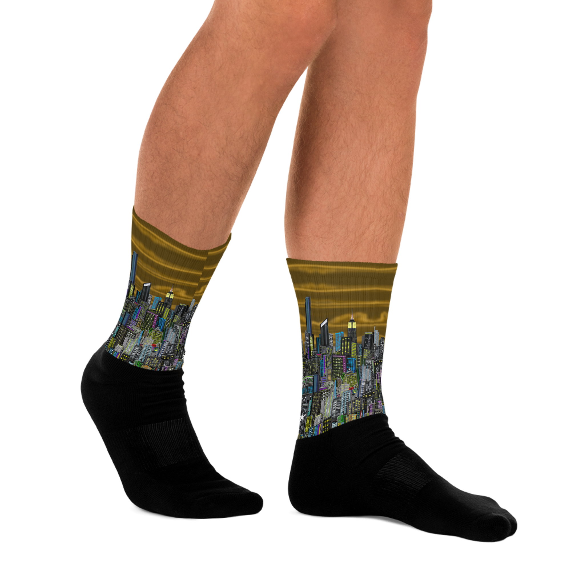 Black socks with colorful cityscape Loria NYC Art design on a white background