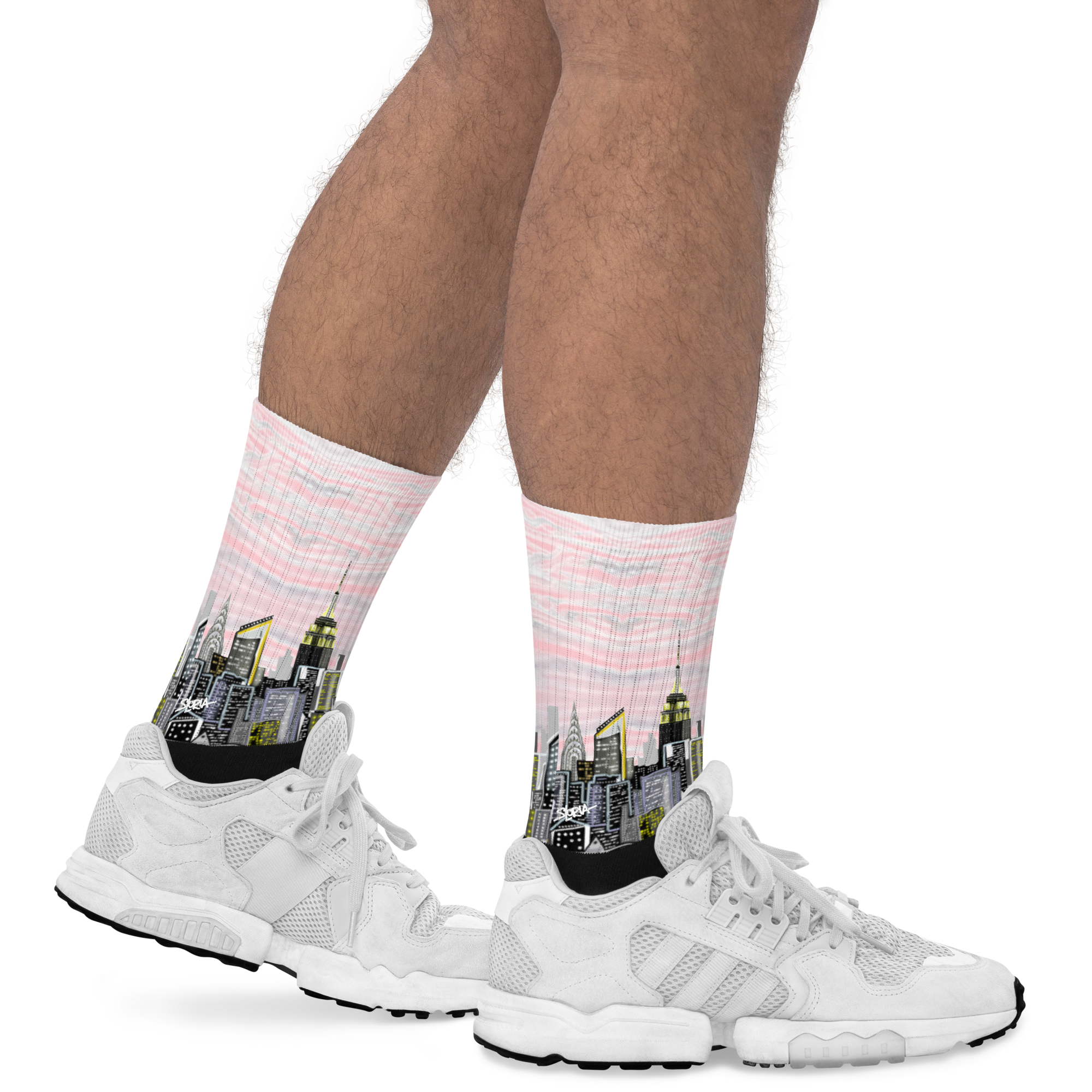 White sneakers with socks featuring city skyline Loria NYC Art designs on a white background
