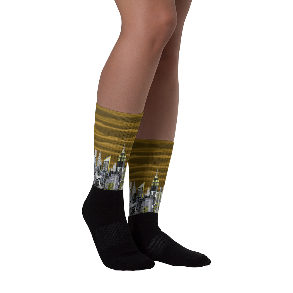 Cityscape Loria NYC Art socks worn on a white background