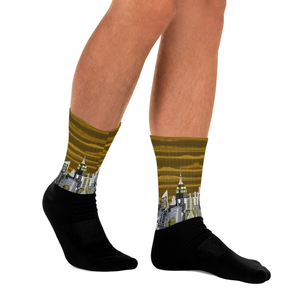 Person wearing socks with Loria NYC Art cityscape design on a white background