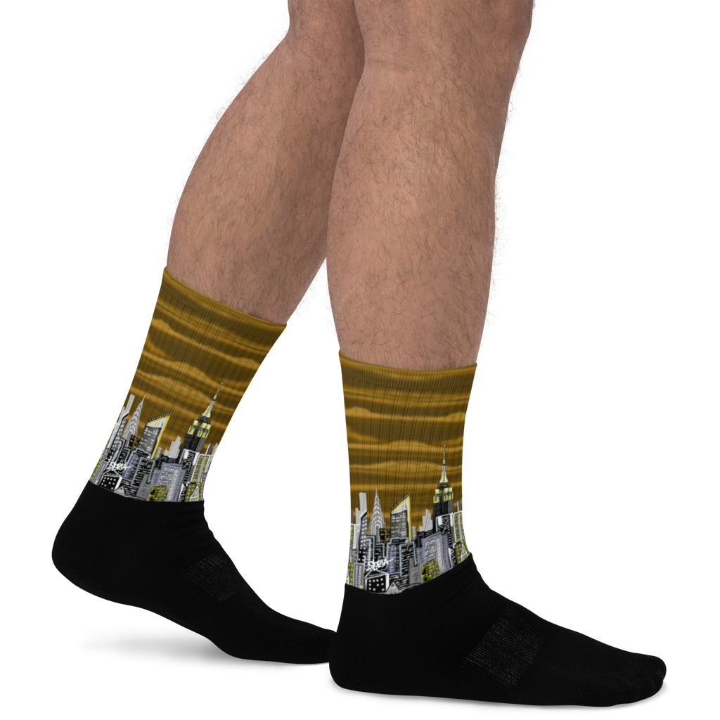 Cityscape Loria NYC Art socks worn by a person on a white background