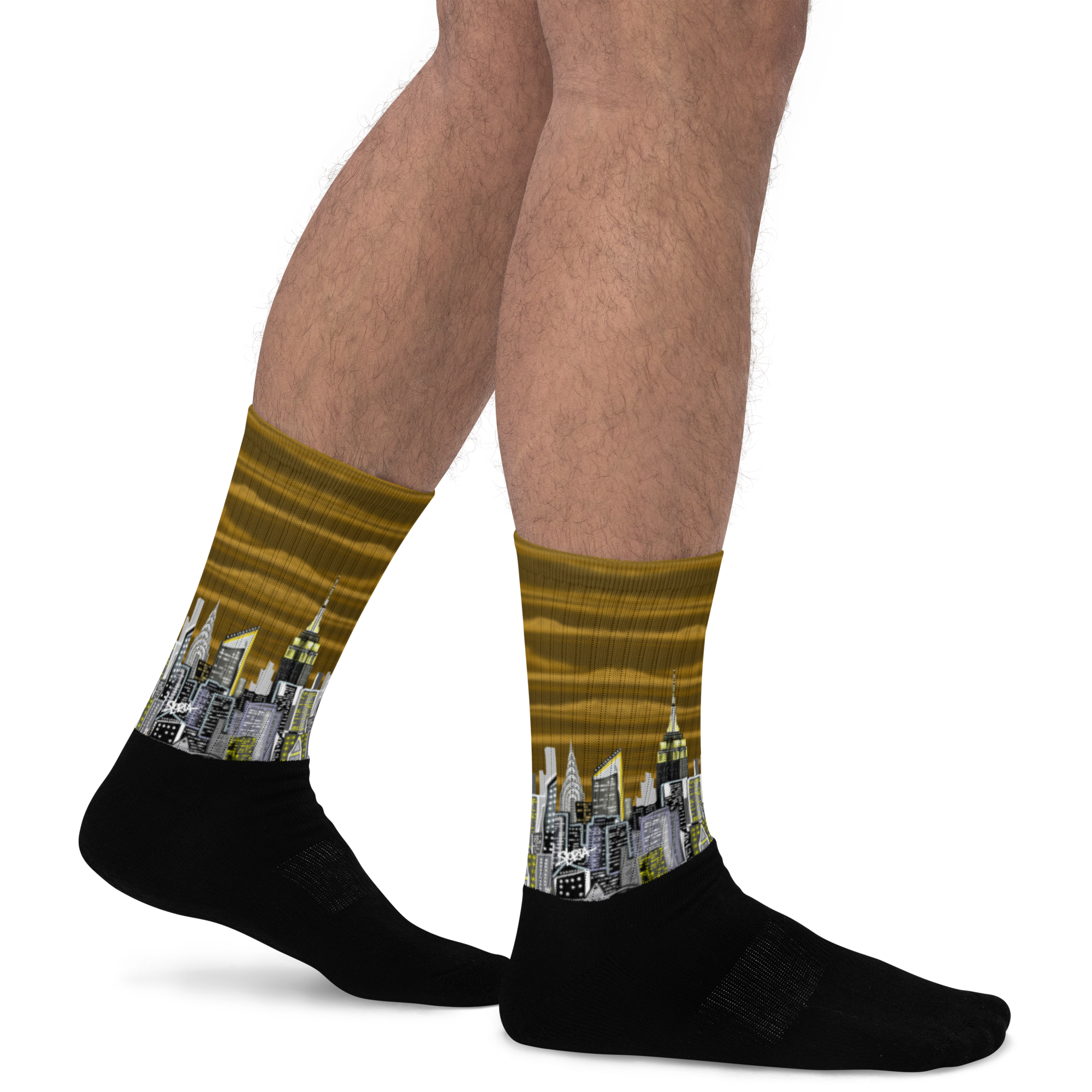 Cityscape Loria NYC Art socks worn by a person on a white background