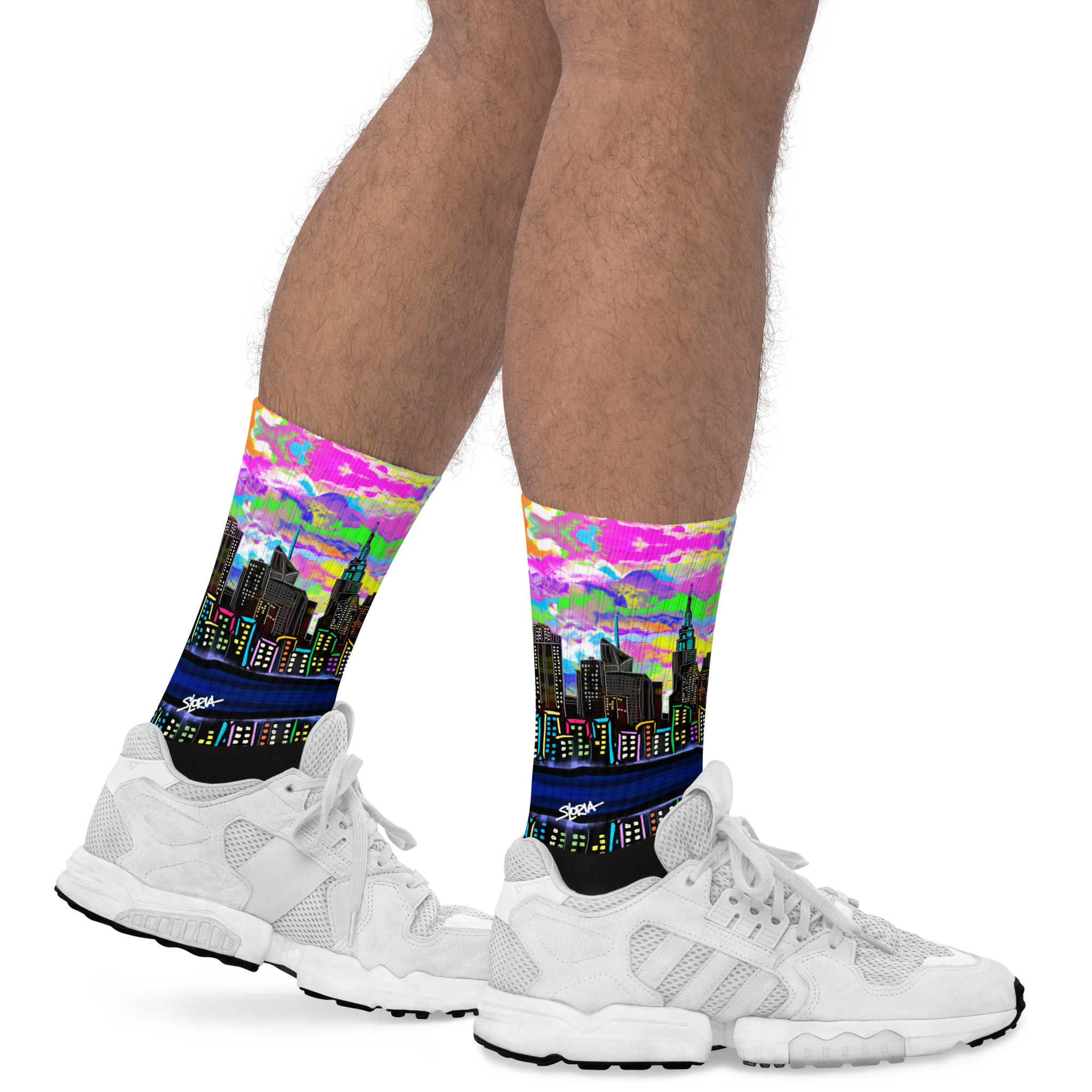 Colorful cityscape Loria NYC Art socks  worn with white sneakers on a white background