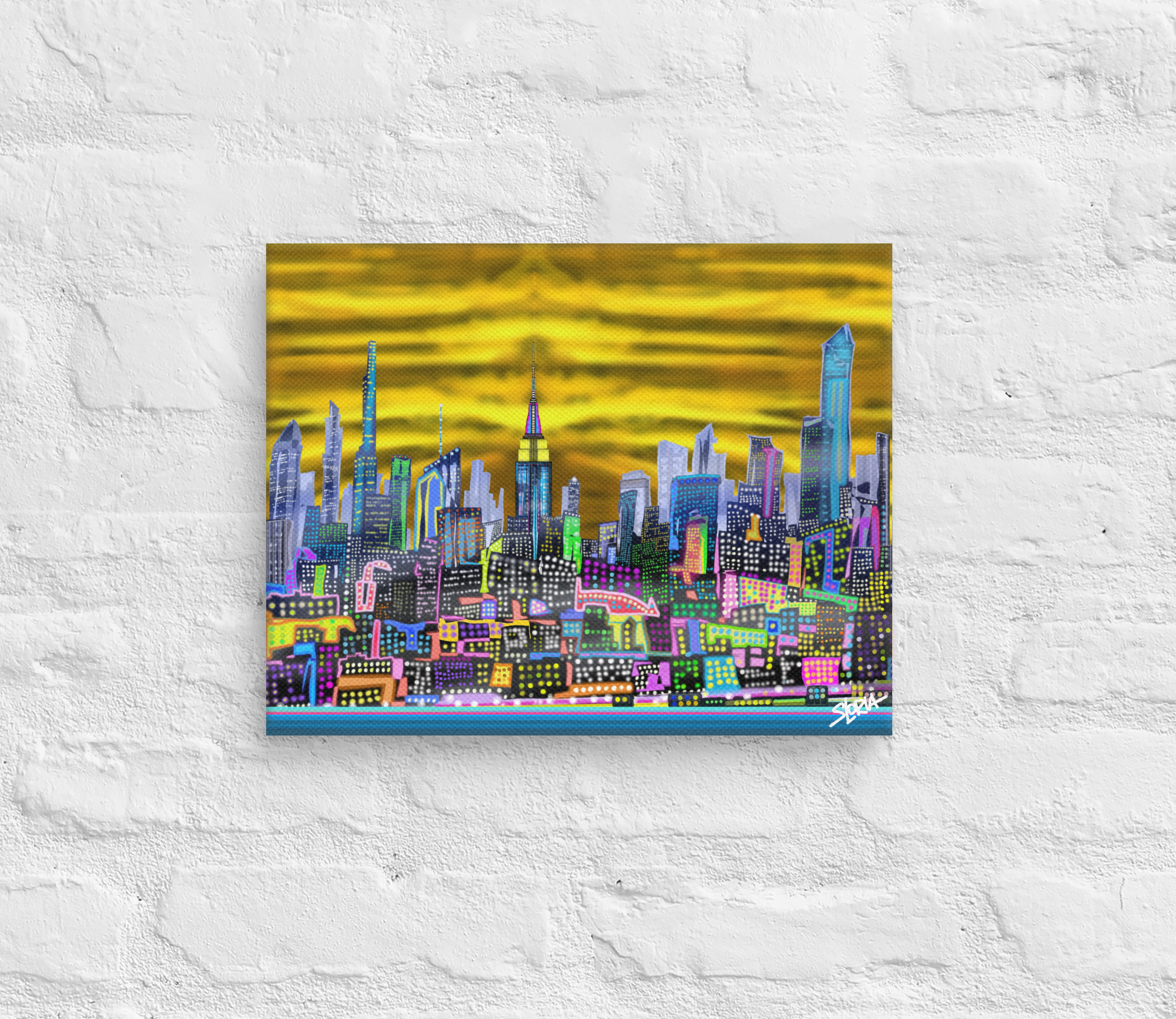 Colorful cityscape 11’’ x 14’’ Canvas by Loria NYC Art painting on a textured white wall