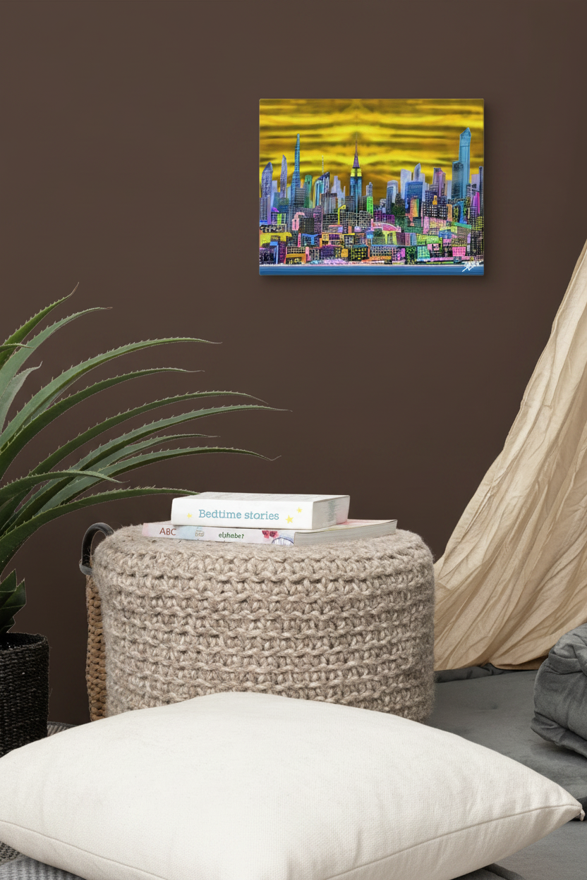Colorful cityscape 11’’ x 14’’ Canvas by Loria NYC Art  painting on a wall above a woven basket in a room with a bed and plant.