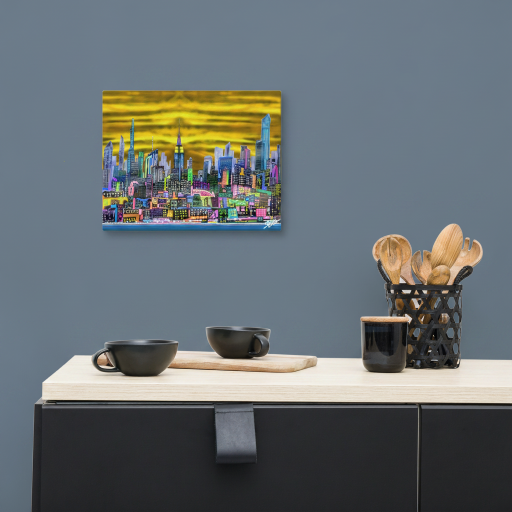 Colorful cityscape 11’’ x 14’’ Canvas by  Loria NYC Art  painting on a wall above a kitchen counter with utensils and bowls.