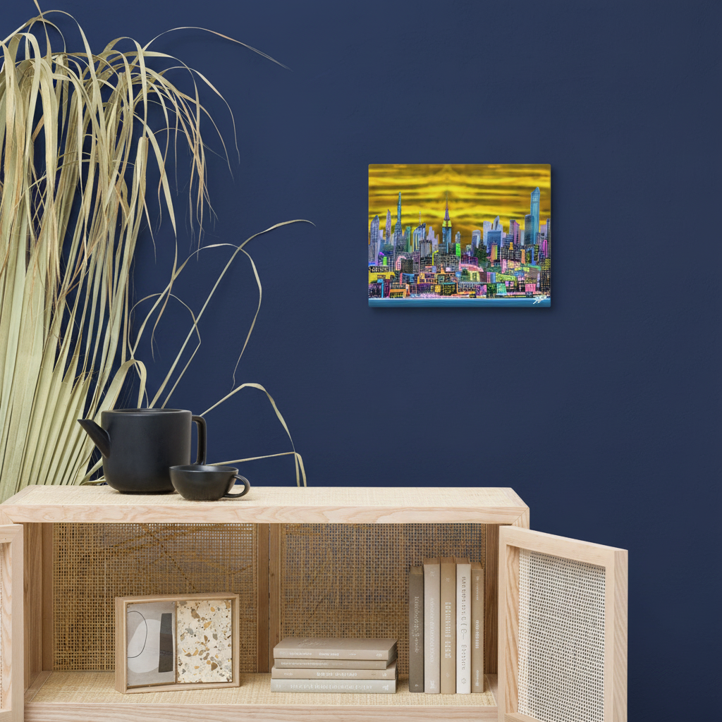 Wooden shelf with decorative items including a teapot, cups, and books, with a cityscape 11’’ x 14’’ Canvas by Loria NYC Art painting in the background.