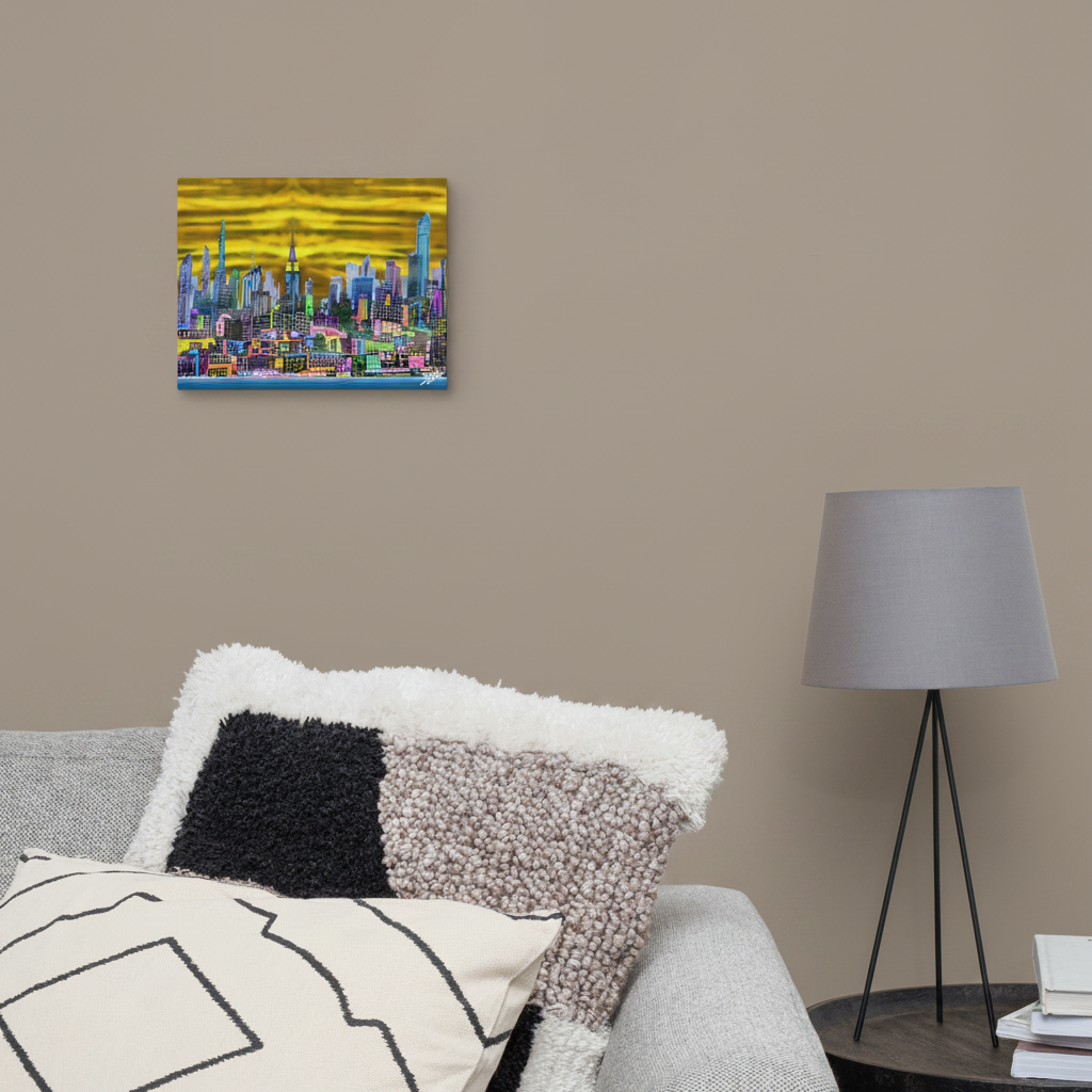 Colorful abstract Loria NYC Art painting on a wall above a sofa with decorative pillows and a lamp.
