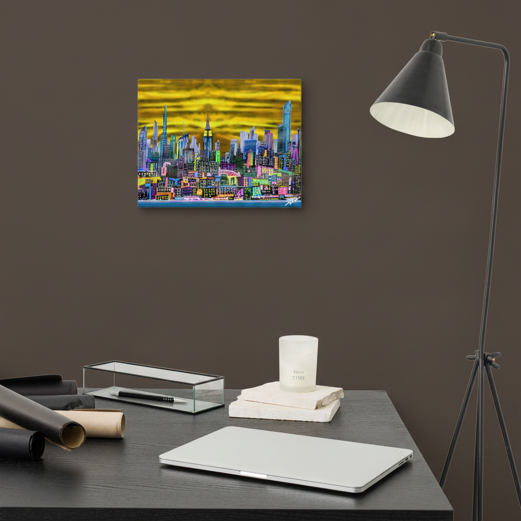 Colorful cityscape 11’’ x 14’’ Canvas by  Loria NYC Art painting on a wall above a desk with office supplies.