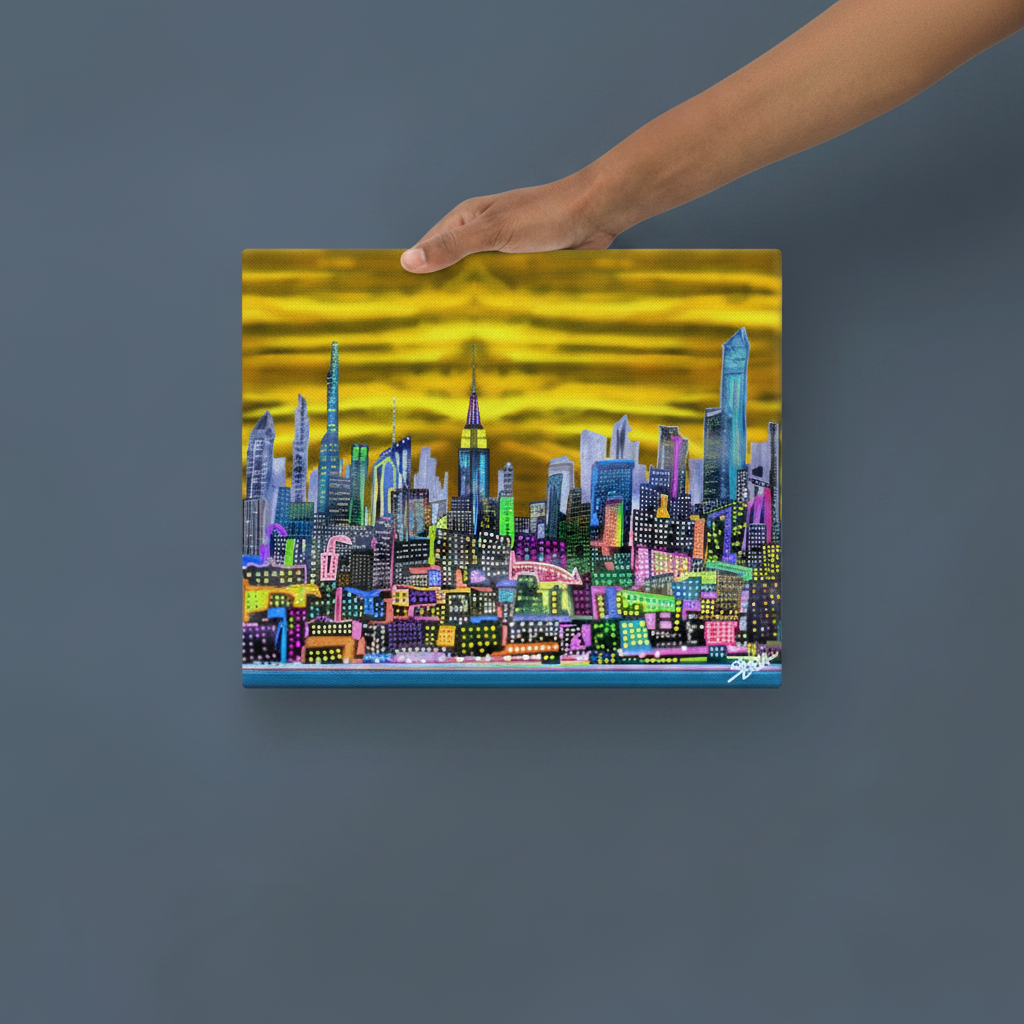 Person holding a colorful 11’’ x 14’’ Canvas by Loria NYC Art cityscape print against a white background