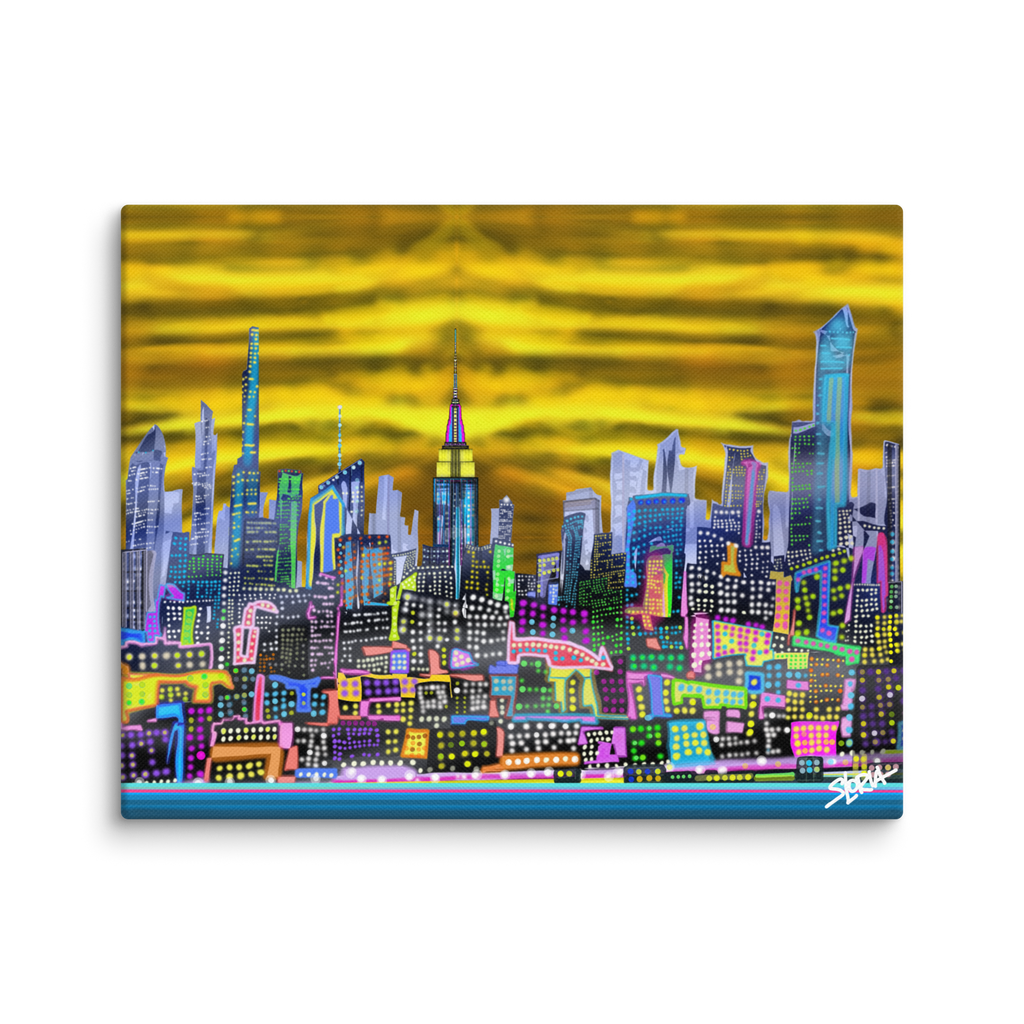 Colorful cityscape Loria NYC Art painting with a vibrant yellow sky on a white background