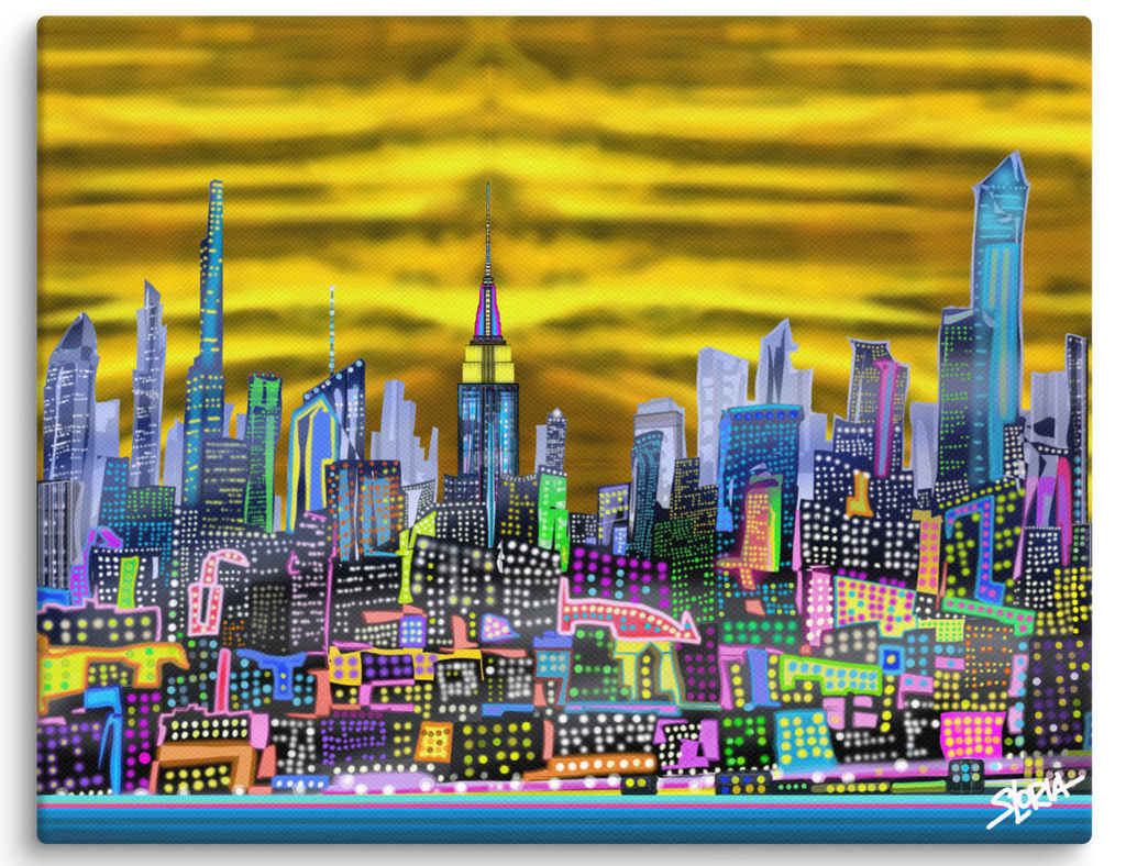 Colorful city skyline Loria NYC Art painting with a vibrant yellow sky