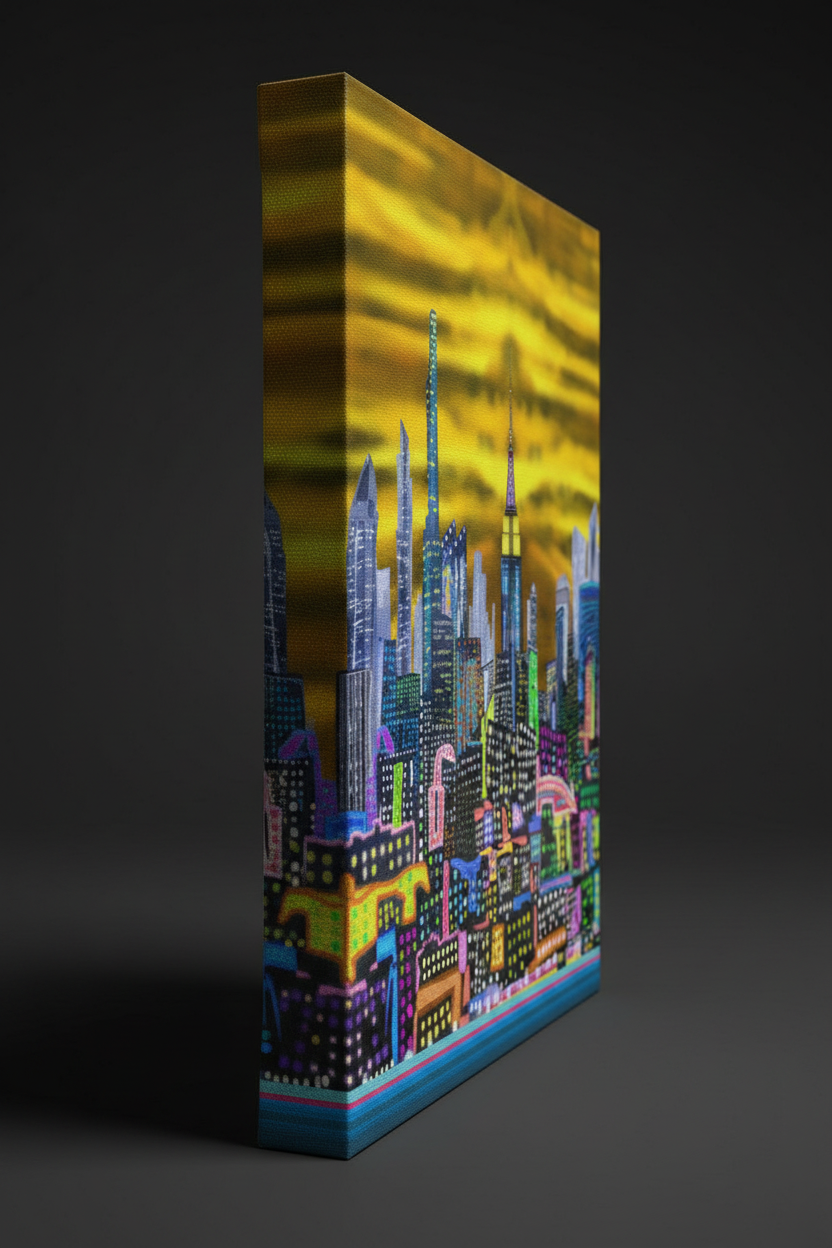 Rectangular box with a colorful Loria NYC Art cityscape design on a black background