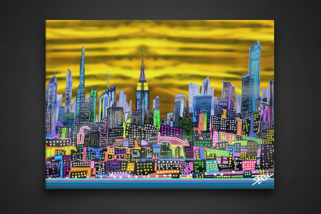 Colorful cityscape Loria NYC Art painting on a dark background