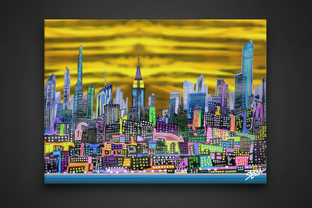 Colorful cityscape Loria NYC Art painting on a dark background