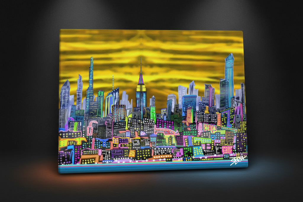 Colorful cityscape Loria NYC Art painting on a dark background