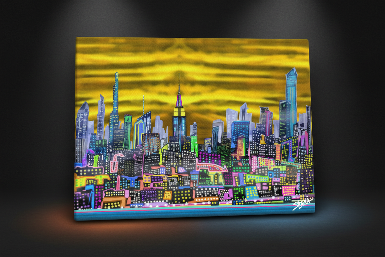 Colorful cityscape Loria NYC Art painting on a dark background