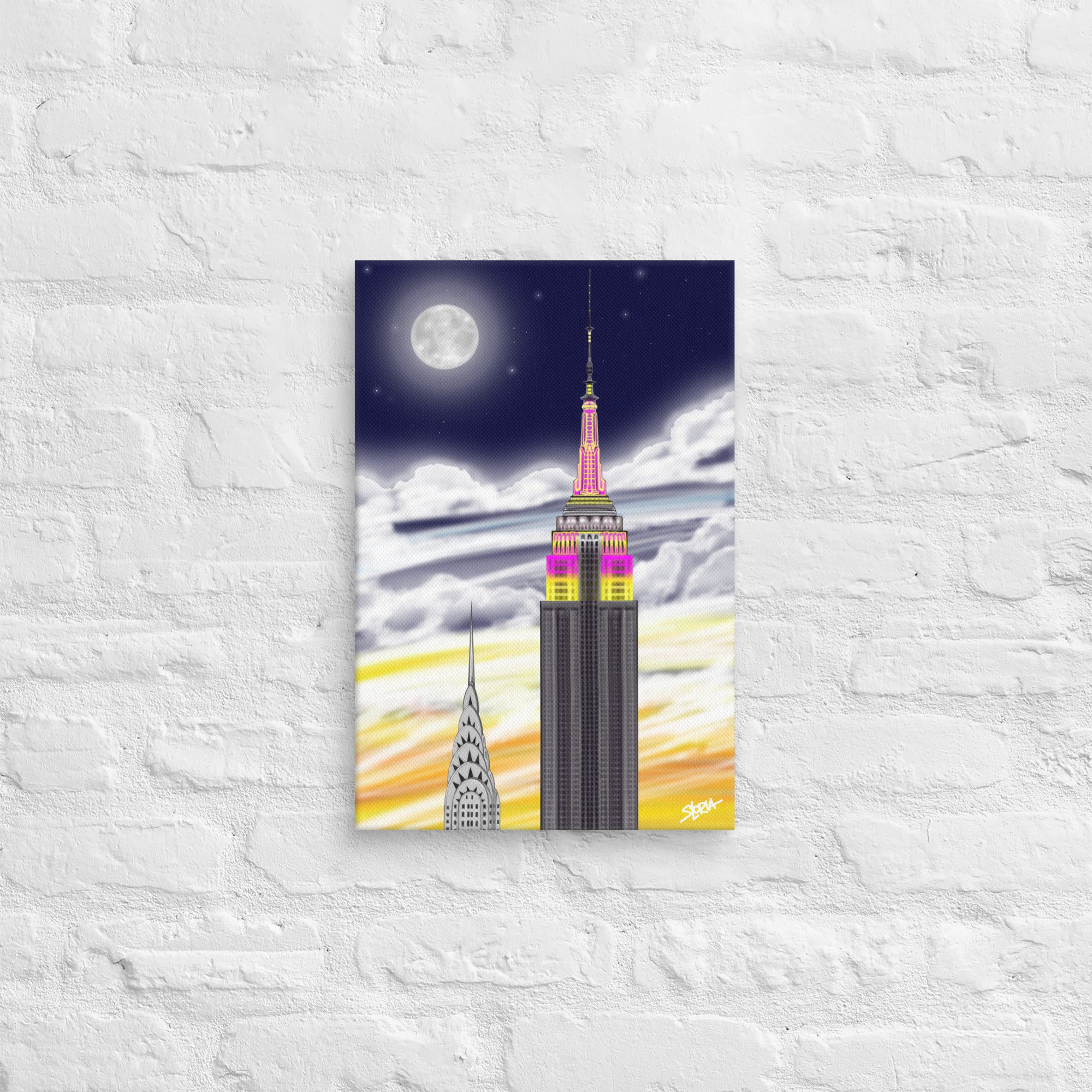 Illustration on canvas print of the Empire State Building and Chrysler Building against a night sky with clouds and moon, created and designed by S.Loria NYC Art