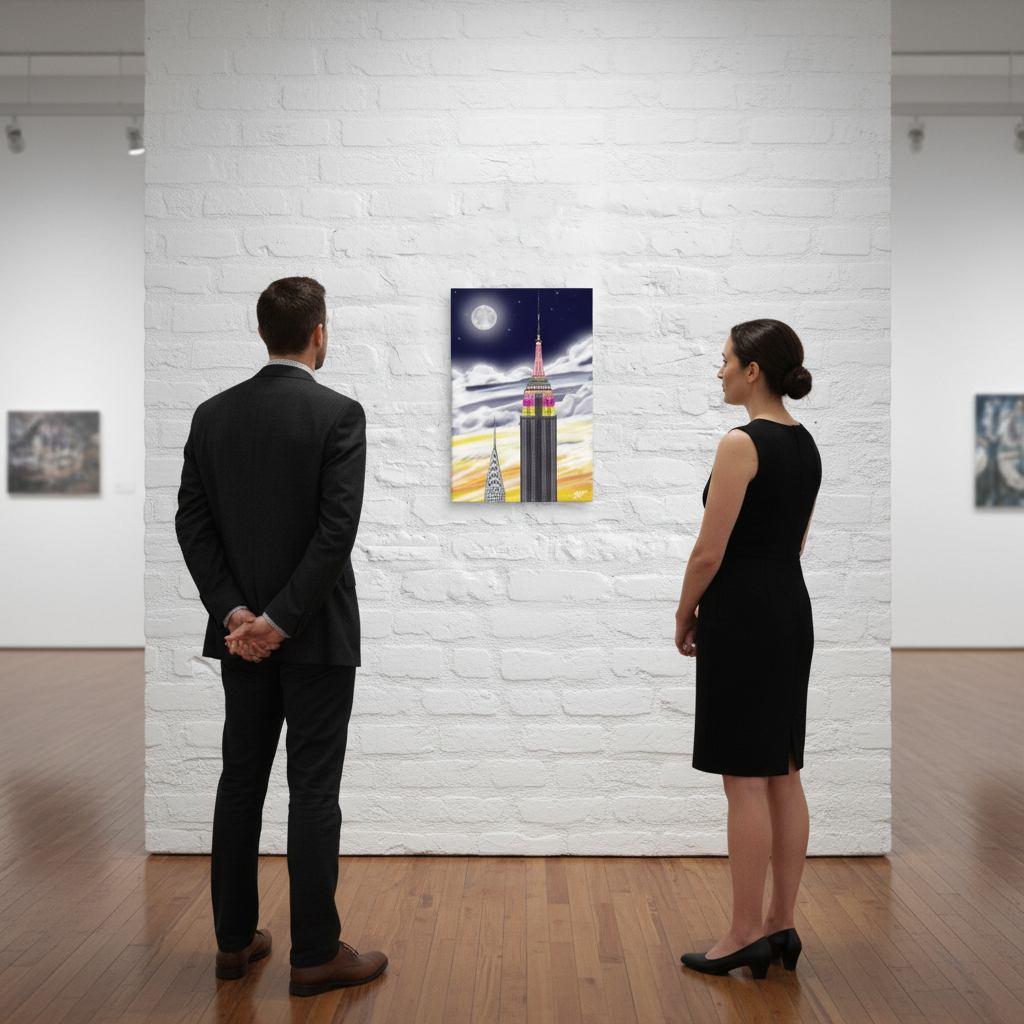 Two people in formal attire looking at a painting designed by Loria NYC Art 