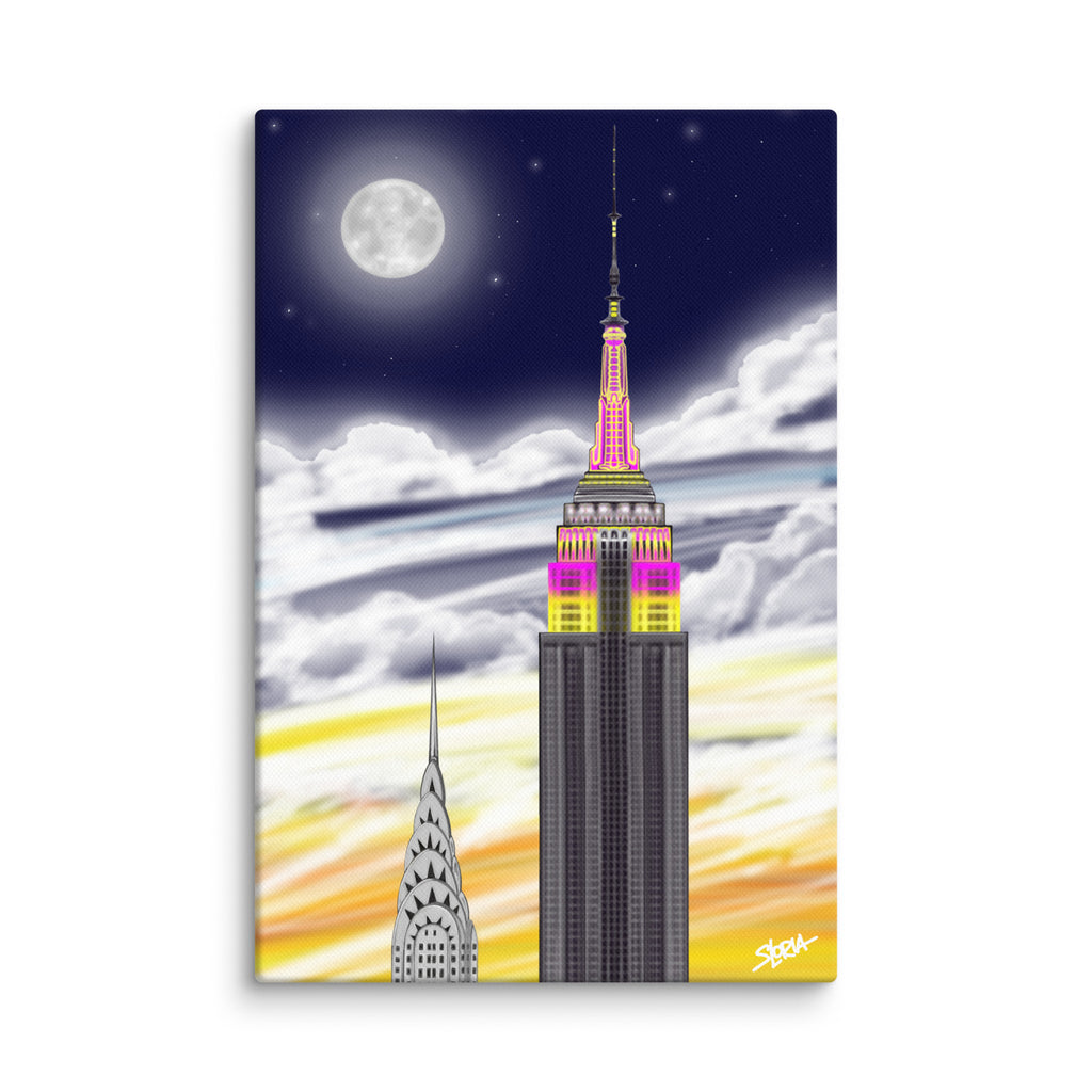 Illustration on canvas print of the Empire State Building and Chrysler Building against a night sky with clouds and moon, created and designed by S.Loria NYC Art