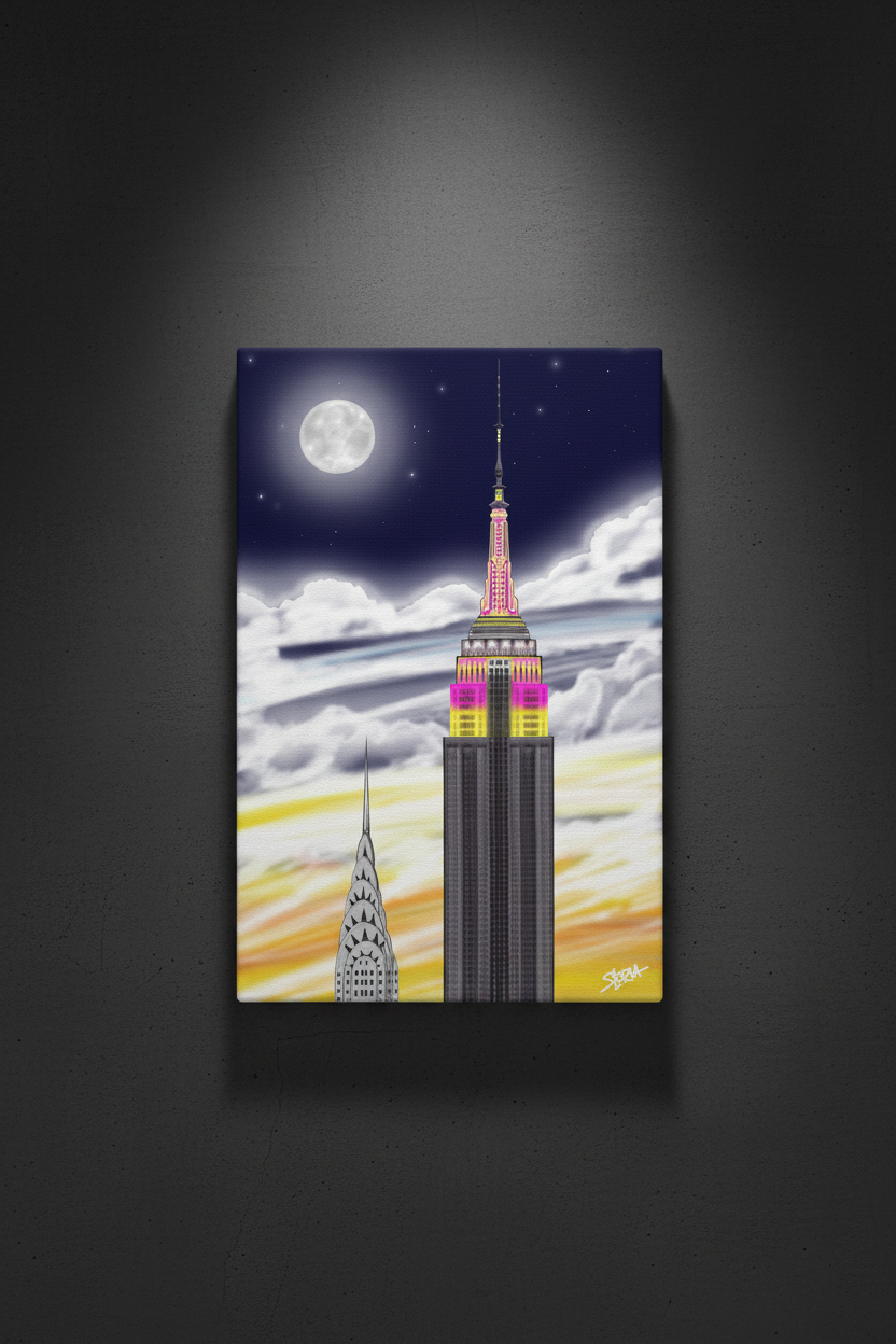 Canvas Loria NYC Art print of the Empire State Building and Chrysler Building against a night sky with clouds.