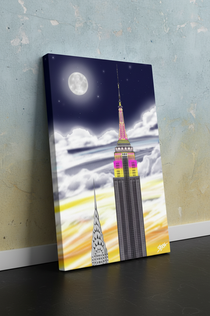 Canvas Loria NYC Art print of the Empire State Building against a night sky with a full moon.