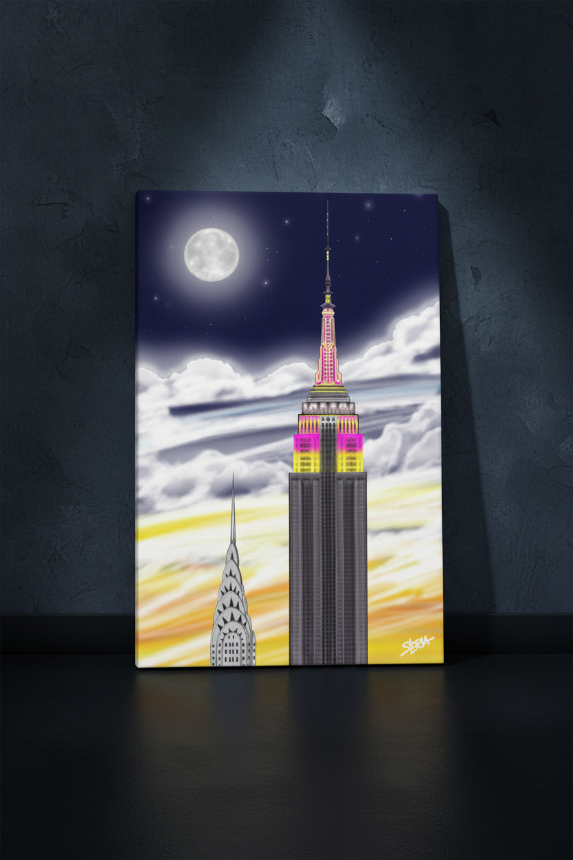 Canvas print of a stylized Loria NYC Art cityscape with skyscrapers against a night sky with a full moon.