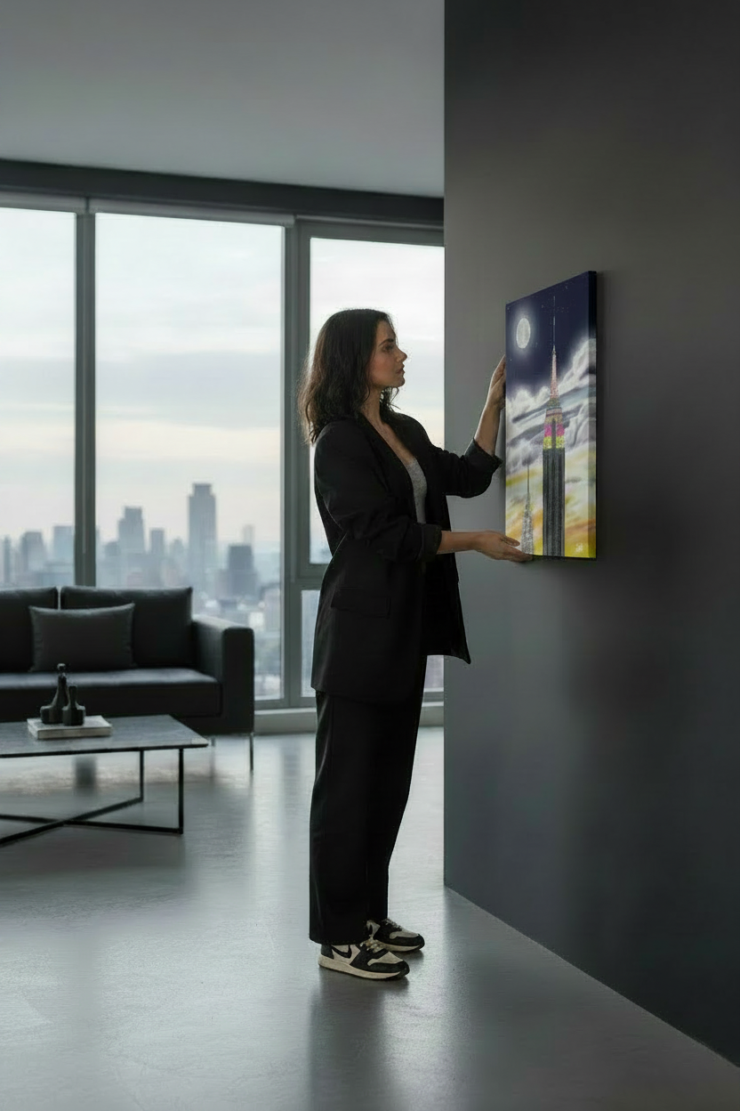 Woman in a modern living room with a Loria NYC Art painting of the Empire State Building.