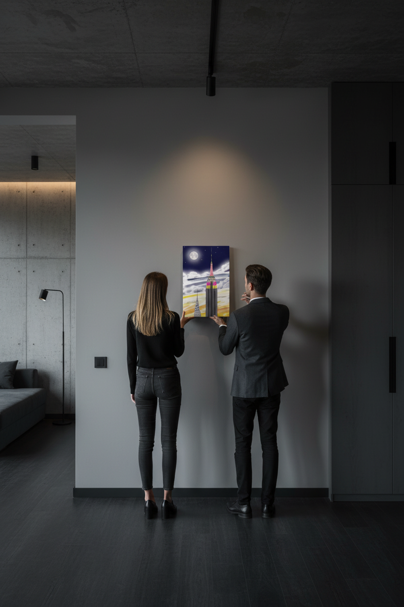 Two people standing in a modern room, looking at a oria NYC Art painting on the wall.