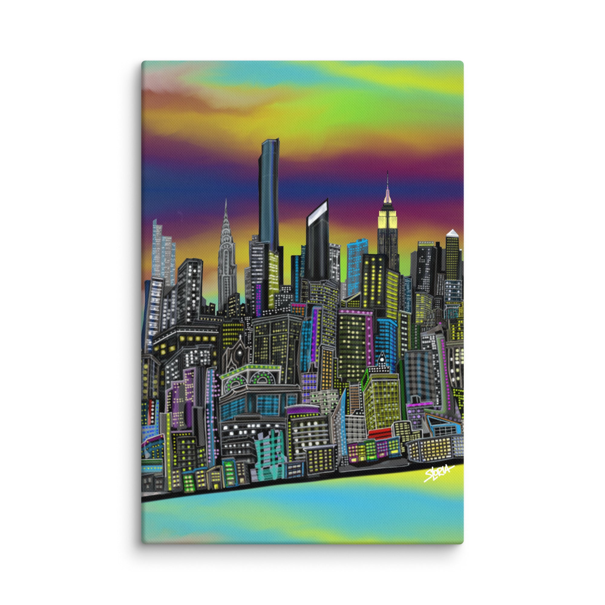 Colorful cityscape Loria NYC Art painting design with tall buildings against a vibrant sky designed by Loria NYC Art