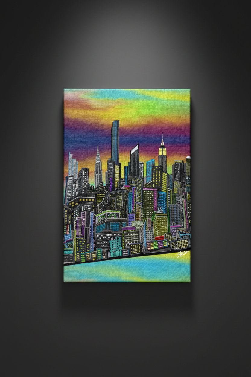 Colorful cityscape Loria NYC Art painting on a dark wall
