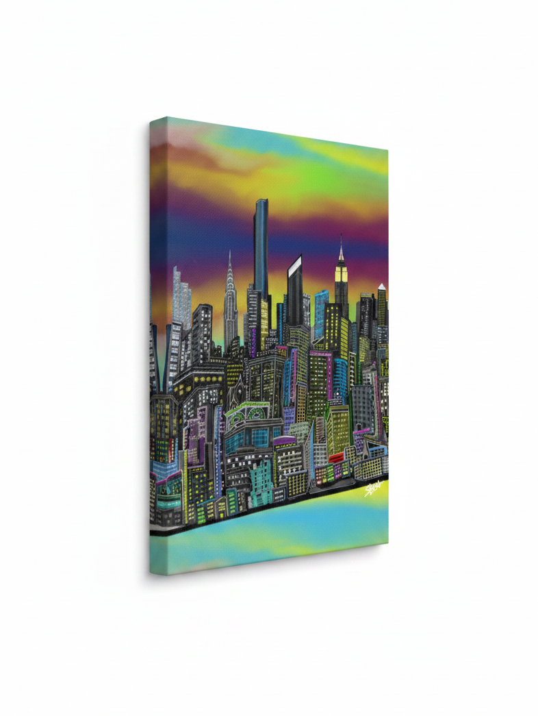 Canvas print of a Loria NYC Art colorful Loria NYC Art cityscape with a rainbow sky.